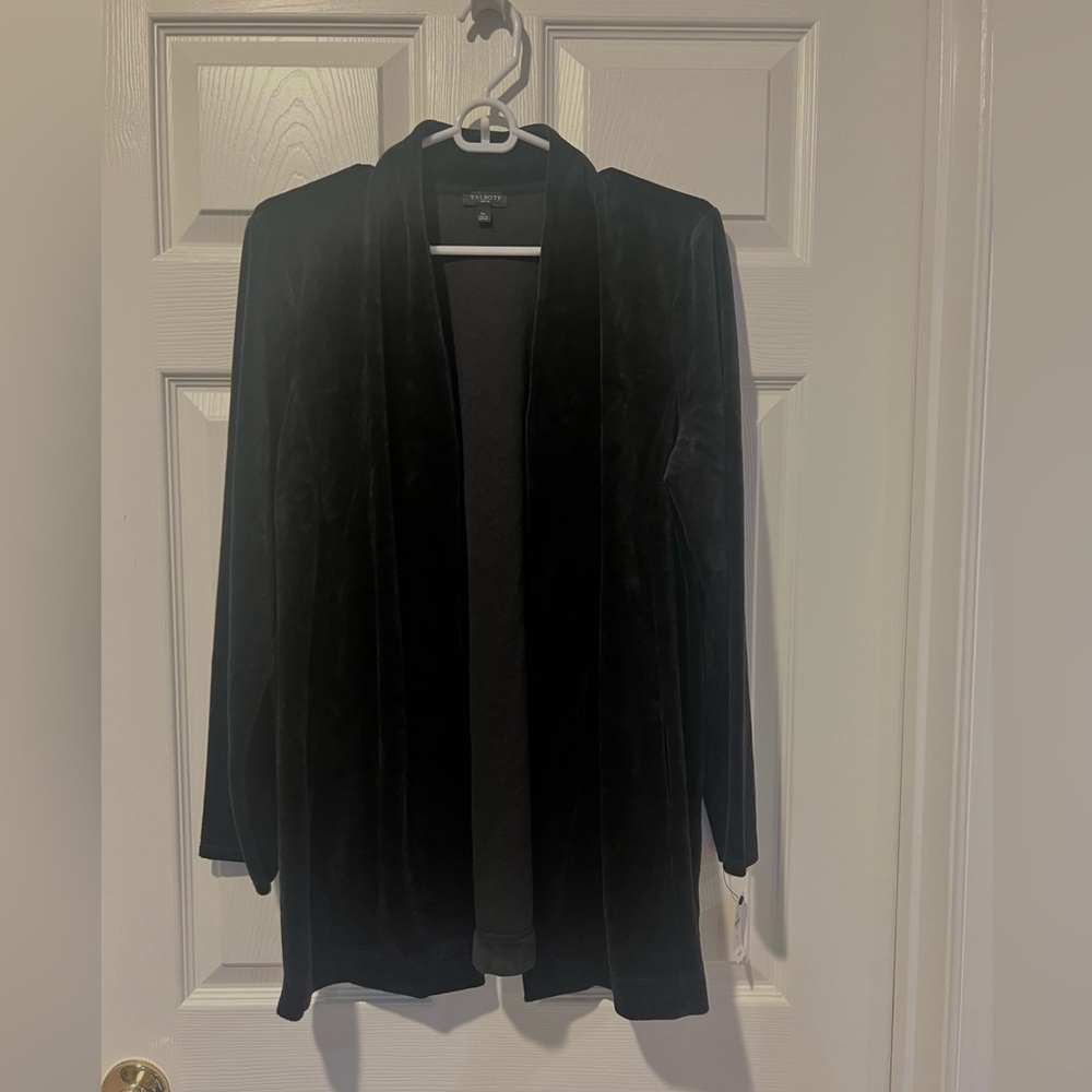 Talbots Black Velour Open Long Cardigan Size Large Petite NWT